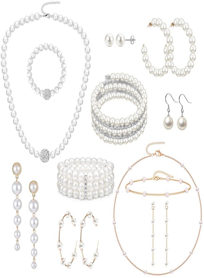 MEDOJO 18 Pcs Jewelry Set for Women Simulated Pearl Earrings Faux Pearl Necklace and Bracelet 1920s Jewelry Set Pearls Accessories Gift - Image 1